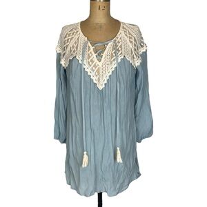 Tassels N Lace Boho Blue Gauze Lace Mini Dress Size M
